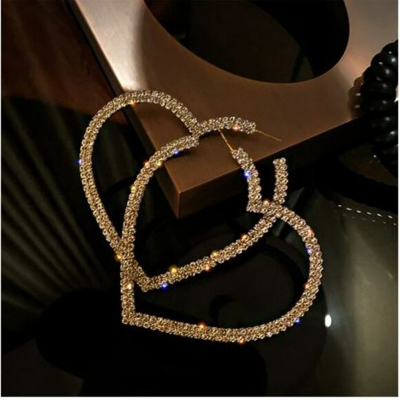 Silver Crystal Rhinestone Big Heart Fashion Statement Hoop Earrings - Picture 9 of 9